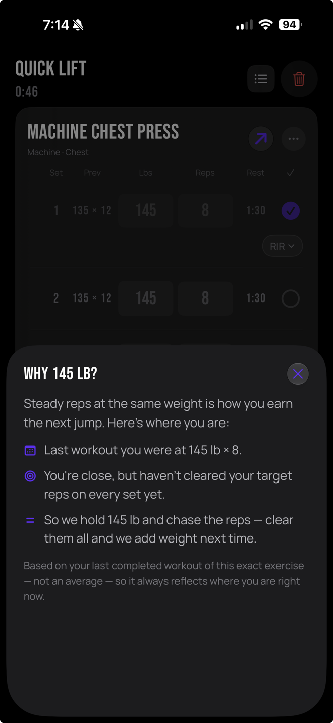 Why 145 lb: read from your last completed workout of this exact exercise, not an average