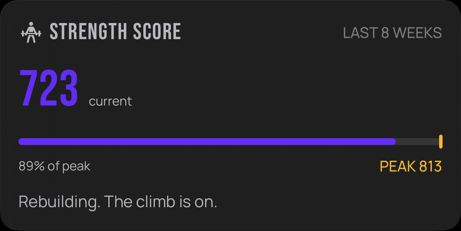 Strength Score card: 723 current, 89% of peak 813, captioned Rebuilding. The climb is on.