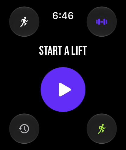 GRŌ on Apple Watch: a big purple start button in the center, with corners for training status, routines, history, and cardio