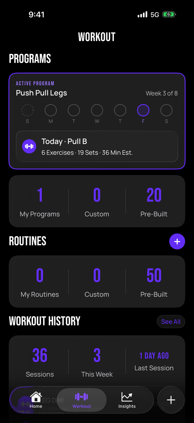 GRŌ workout tab with an active Push Pull Legs program